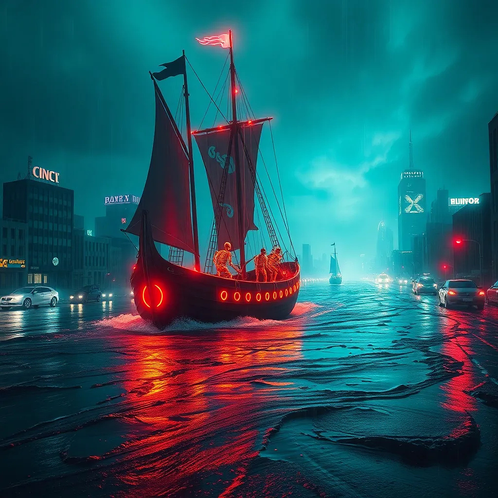 A Viking longship sailing a mercury ocean, crewed by skeletons in neon armor, chasing a horizon that shifts between dimensions.