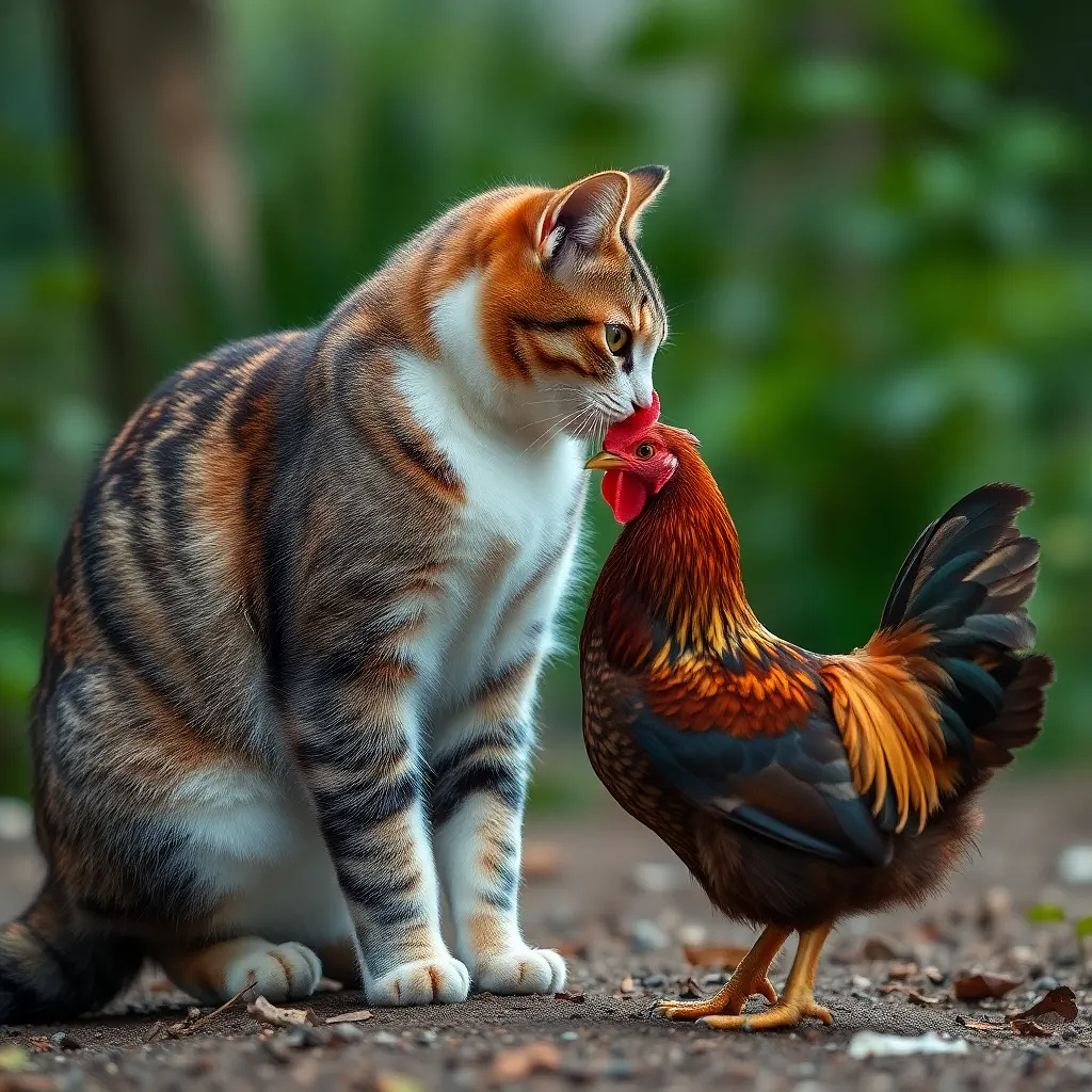 beautiful cat playing with a chiken