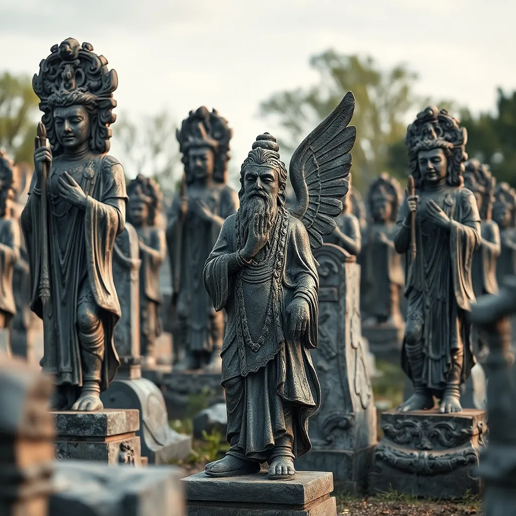 A graveyard of forgotten gods: crumbling statues weep liquid shadow, and the wind carries prayers in a language no one speaks anymore.