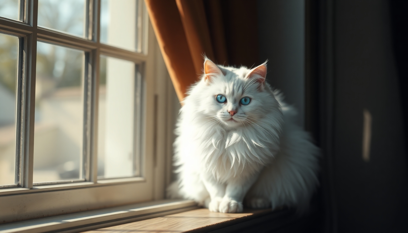 a fluffy white cat with blue eyes sitting on a windowsill, sunlight streaming through the curtains, soft focus, cozy atmosphere