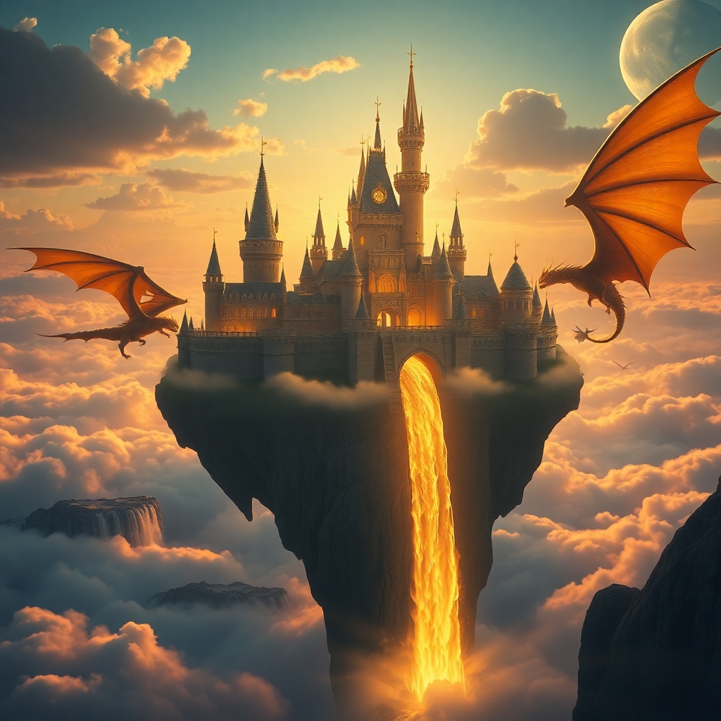 A majestic floating castle above the clouds, glowing with golden light, surrounded by dragons and waterfalls cascading into the sky, hyper-detailed, fantasy art, cinematic lighting, 8K