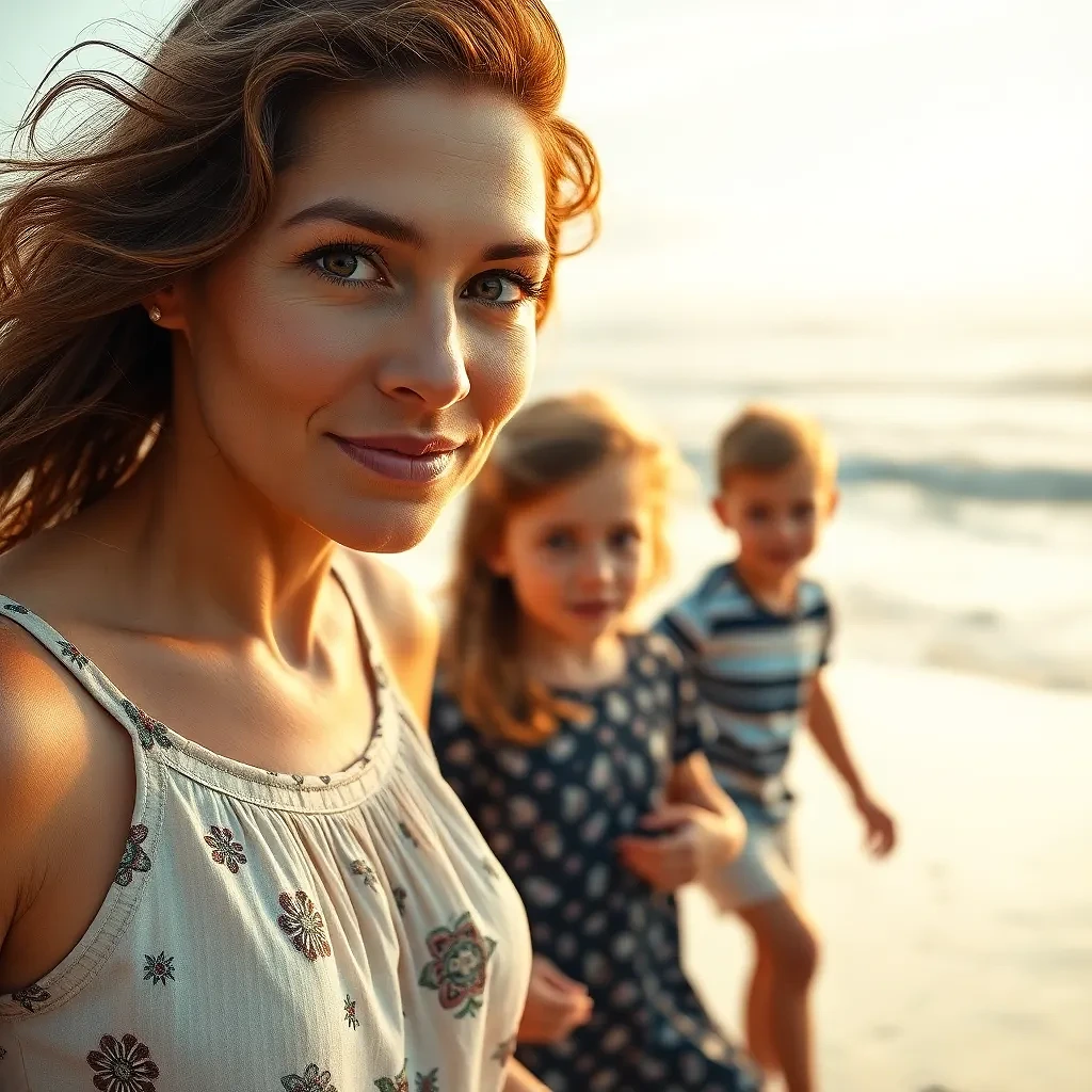 A glorious woman walking with her 2 children. she is hold their hand at the beach, ultra-detailed, high quality