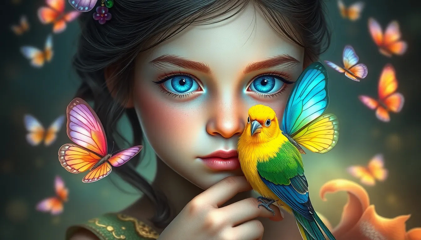 A very beautiful 8 year old girl with blue eyesk she is holding a colorful canary and butterflies around her