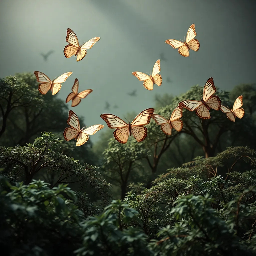 A group of paper butterflies mid-flight over a folded forest scene, wings frozen open, delicate shadows, crisp folds and elegant lighting, origami art style