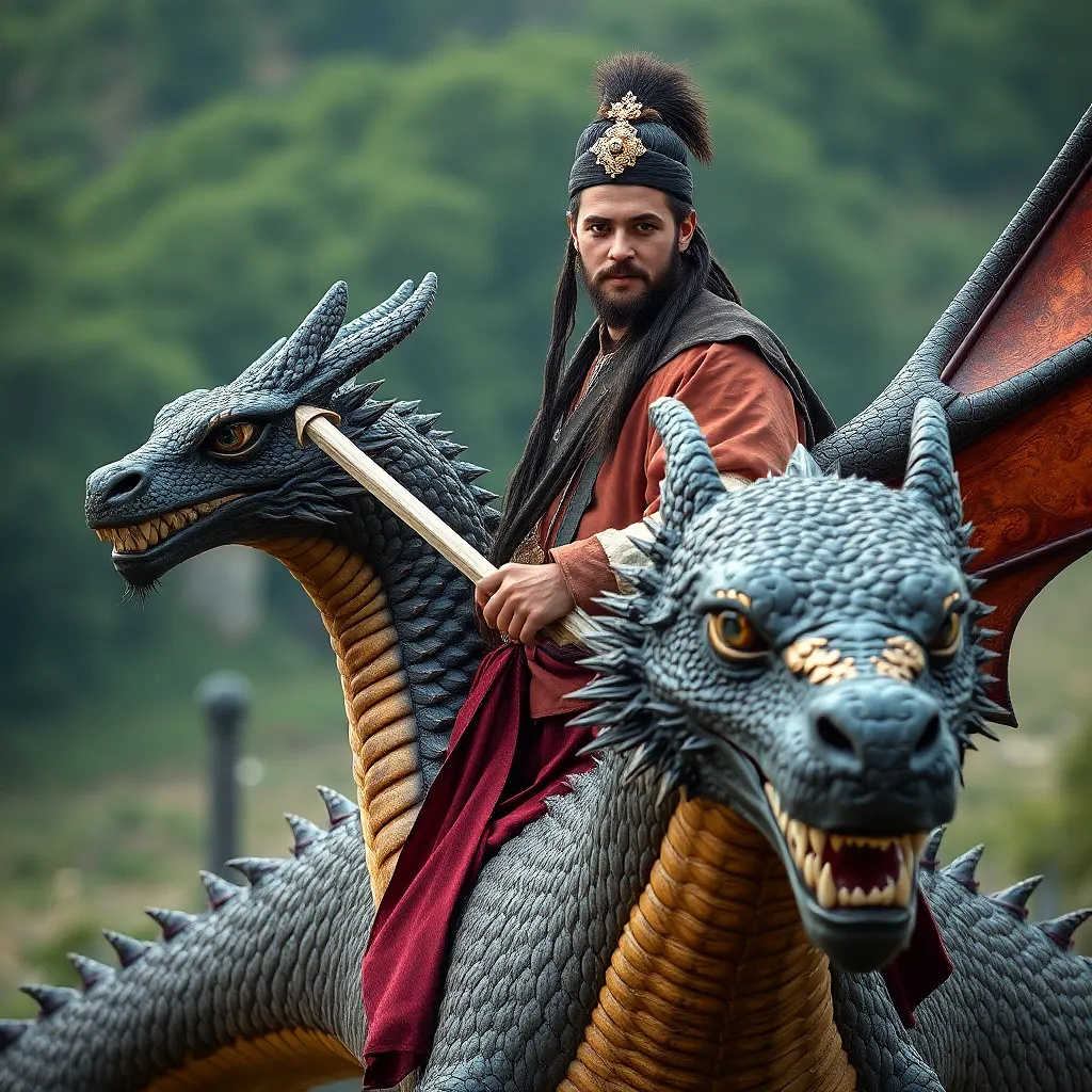 Ancient prince holding a sword and riding dragon, ultra realistic, medium shot