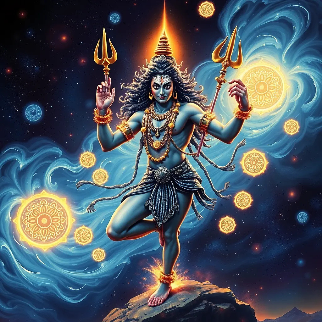 Lord Shiva dancing in space, with swirling galaxies as a backdrop, glowing limbs, floating mandalas, surreal psychedelic energy waves, divine expression frozen in time