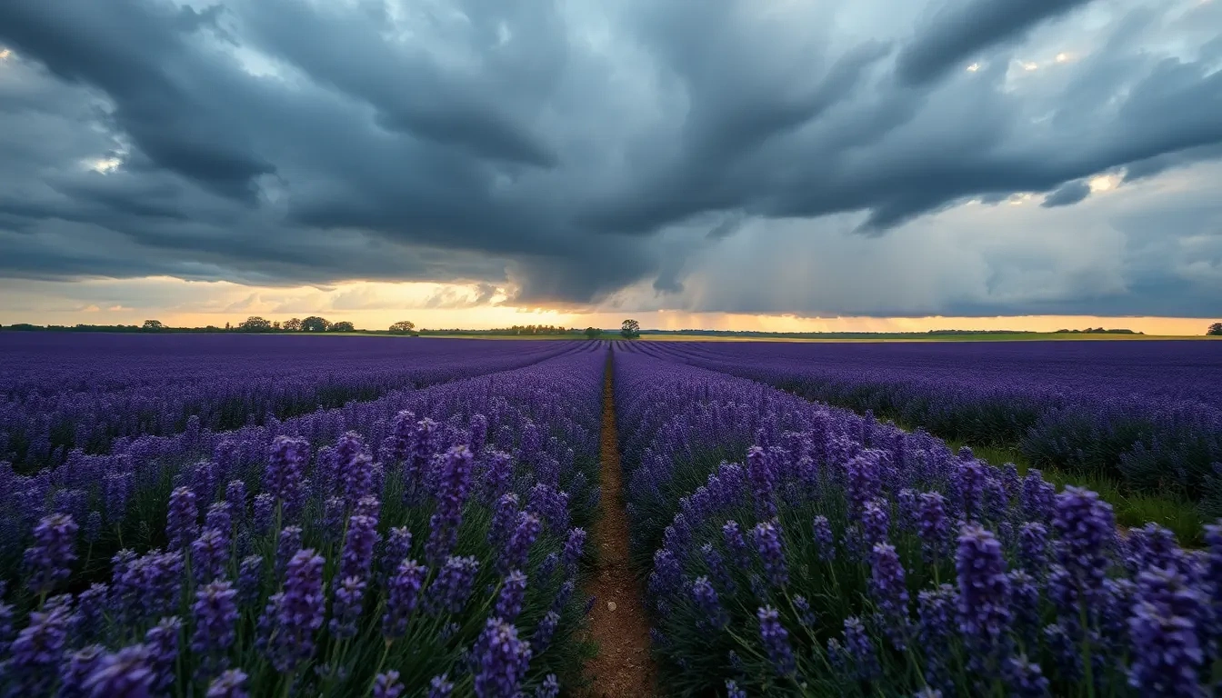 “Lavender fields in full bloom under dramatic storm clouds, leading lines to horizon, drone top-down shot, photographic”