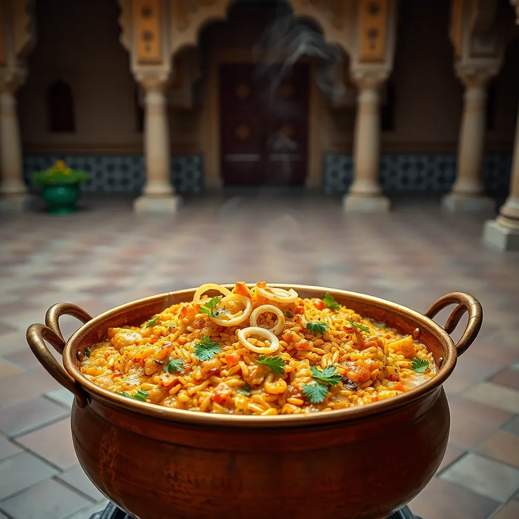 “Indian Hyderabadi biryani presented in a copper handi, steam rising, fried onions and mint garnish, Mughal palace courtyard setting, rich color grading”