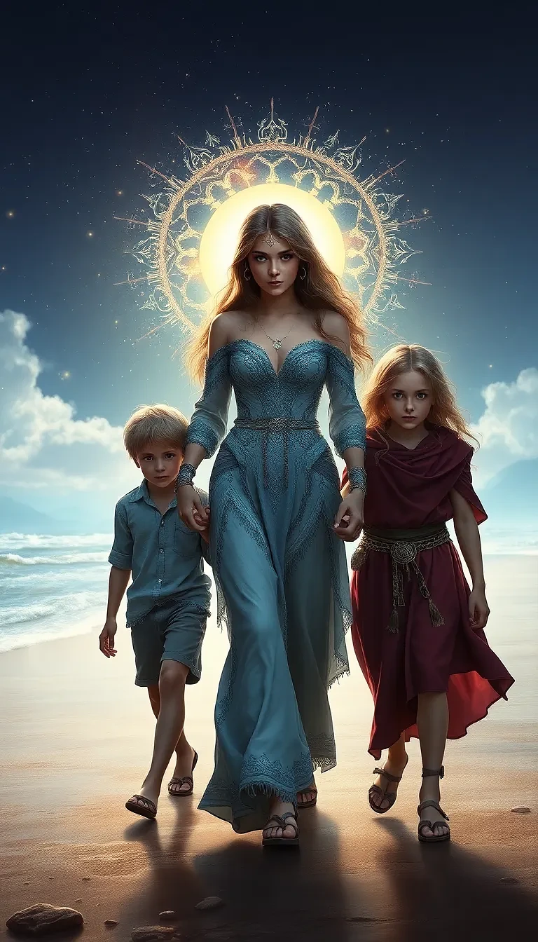 A glorious woman walking with her 2 children. she is hold their hand at the beach, ultra-detailed, high quality