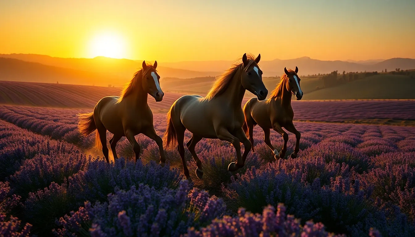 “Wild horses galloping across rolling lavender fields in Provence, long shadows, sun just kissing horizon, motion blur on hooves, photographic, panoramic view”