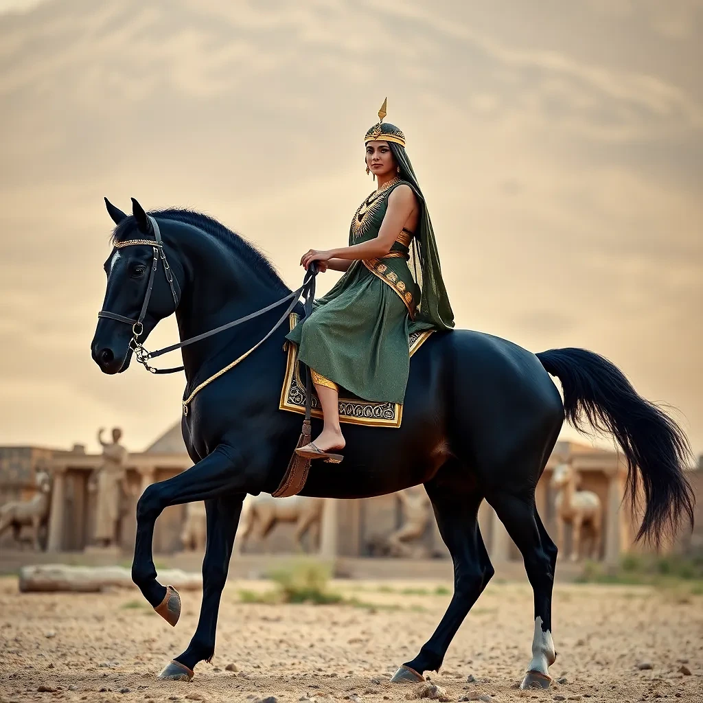 princess of egypt riding black horse in the year 2400 BC