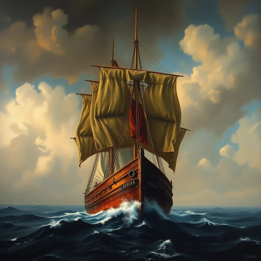 ancient commercial ship in the sea, oil painting