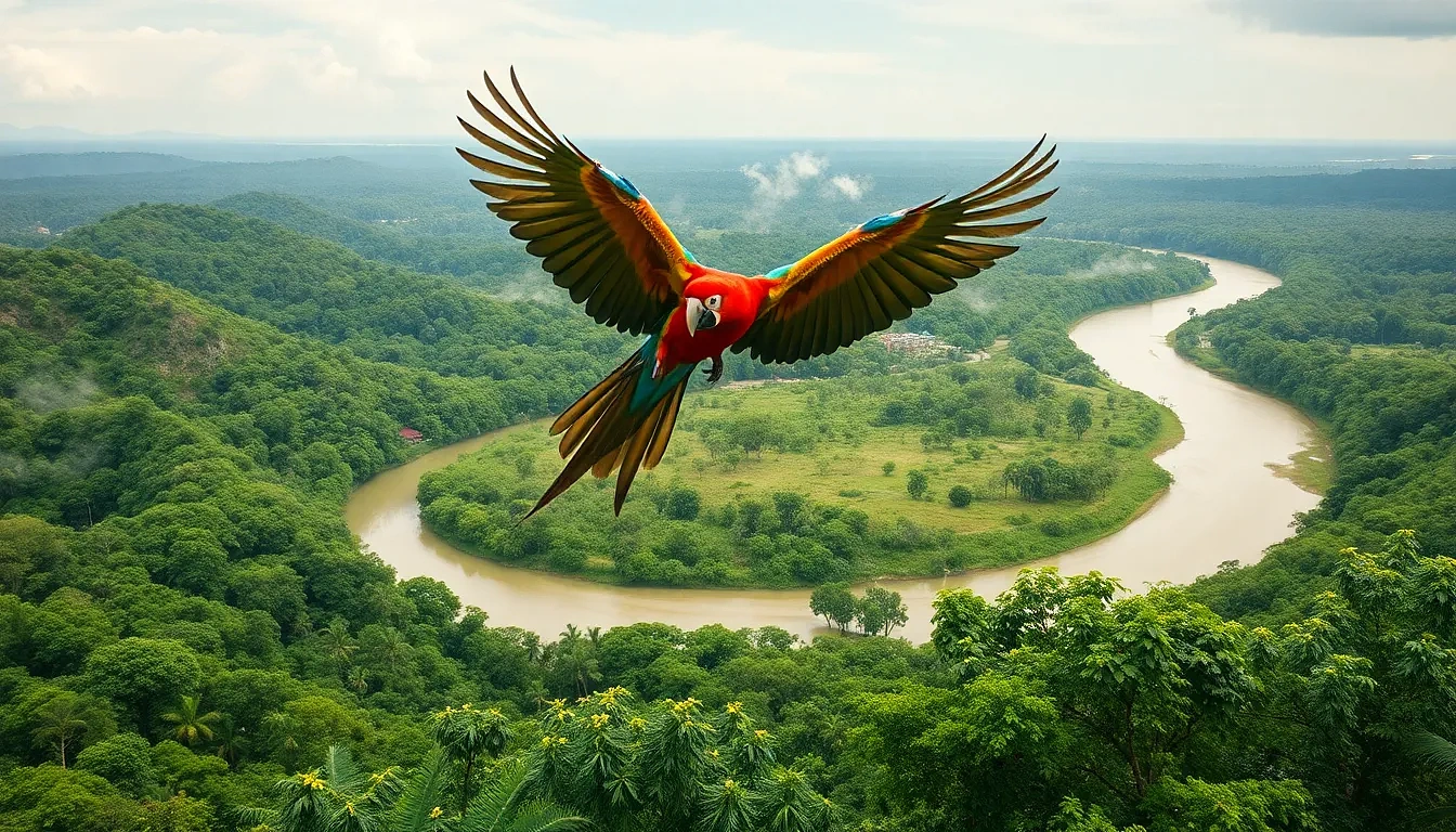 “Macaws swooping above emerald Amazon canopy, serpentine river glimmering in distance, mist chimneys rising, helicopter shot, photographic, panoramic view”