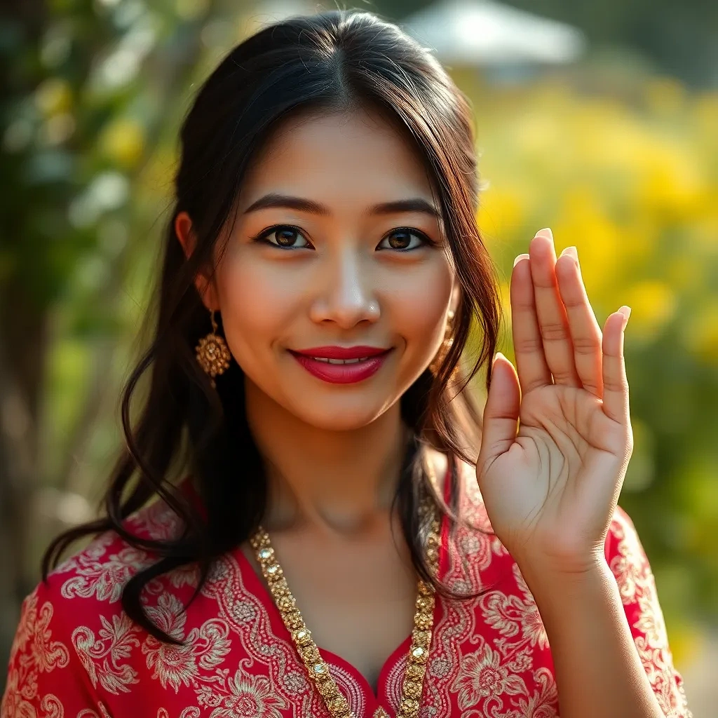 Woman with round face, 35 years old, light brown skin, dark brown hair, brown eyes, wearing Glorious clothes in her marriage ceremony and greeting gests