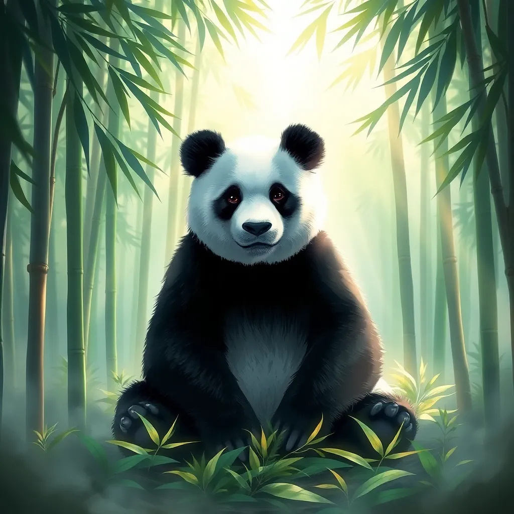 A panda sitting peacefully in a bamboo forest, soft sunlight filtering through the leaves.