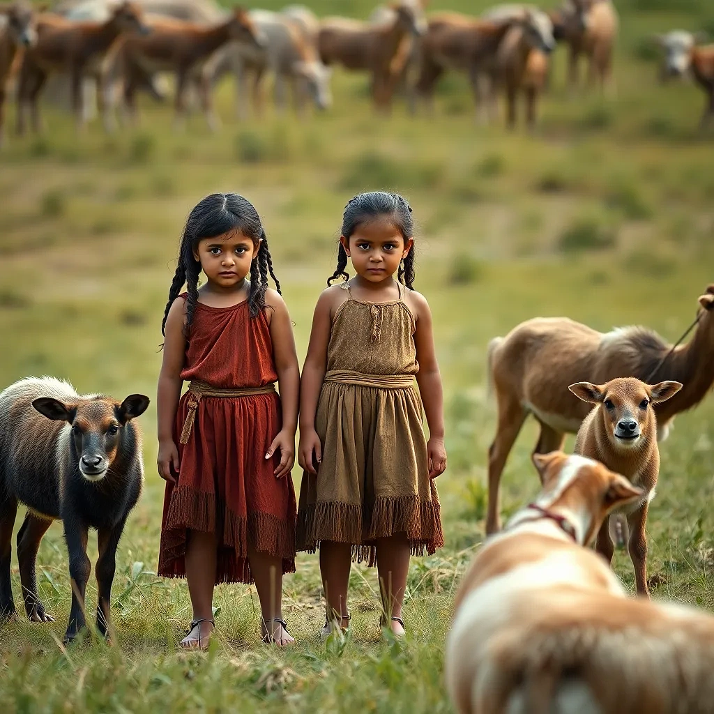 3 Little girls playing in the year 500 BC, realistic, domestic animals around the 3 girls