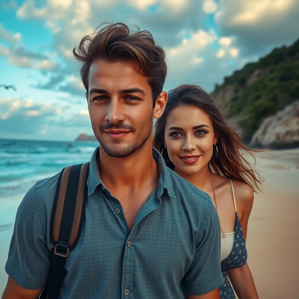 australian couple walking in the beach, full background view