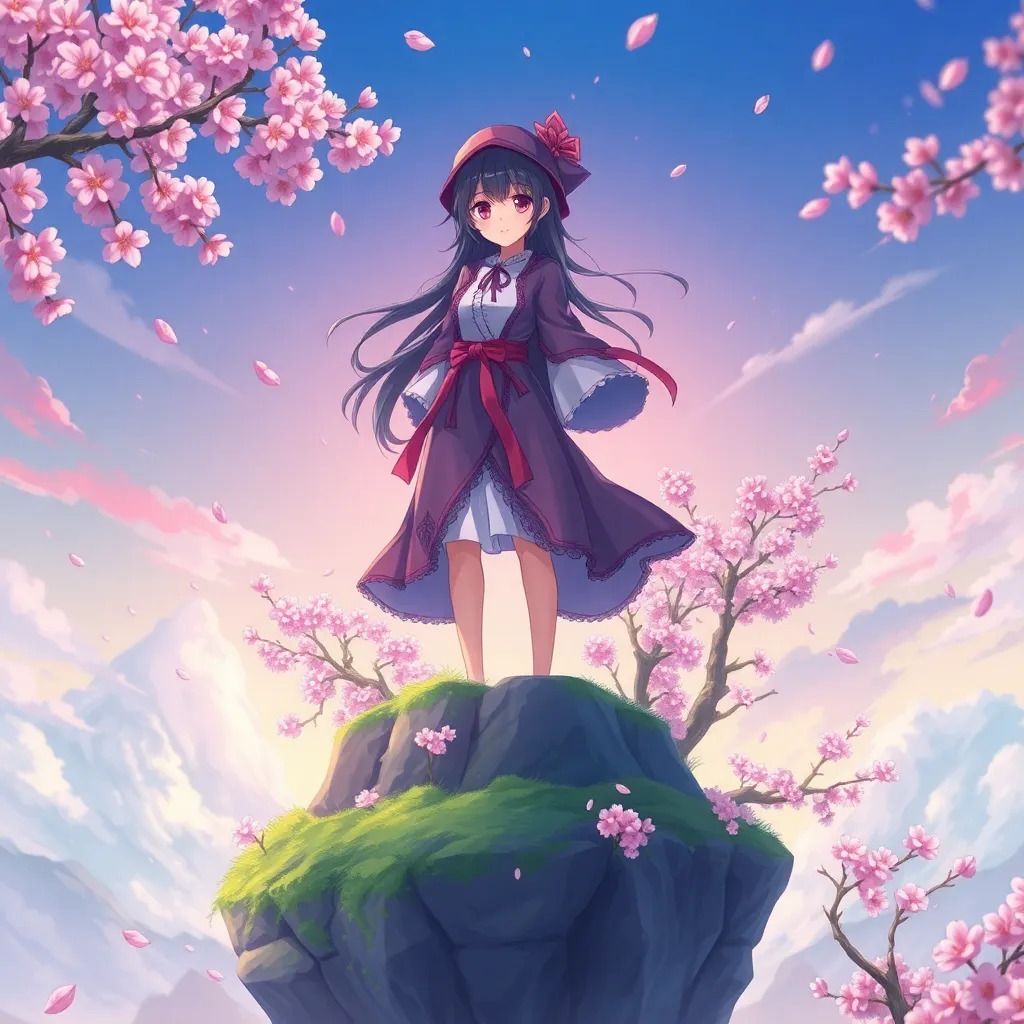 A young sorceress standing atop a floating island, cherry blossoms swirling around her, vibrant pastel sky, anime style with cel-shading and dramatic perspective