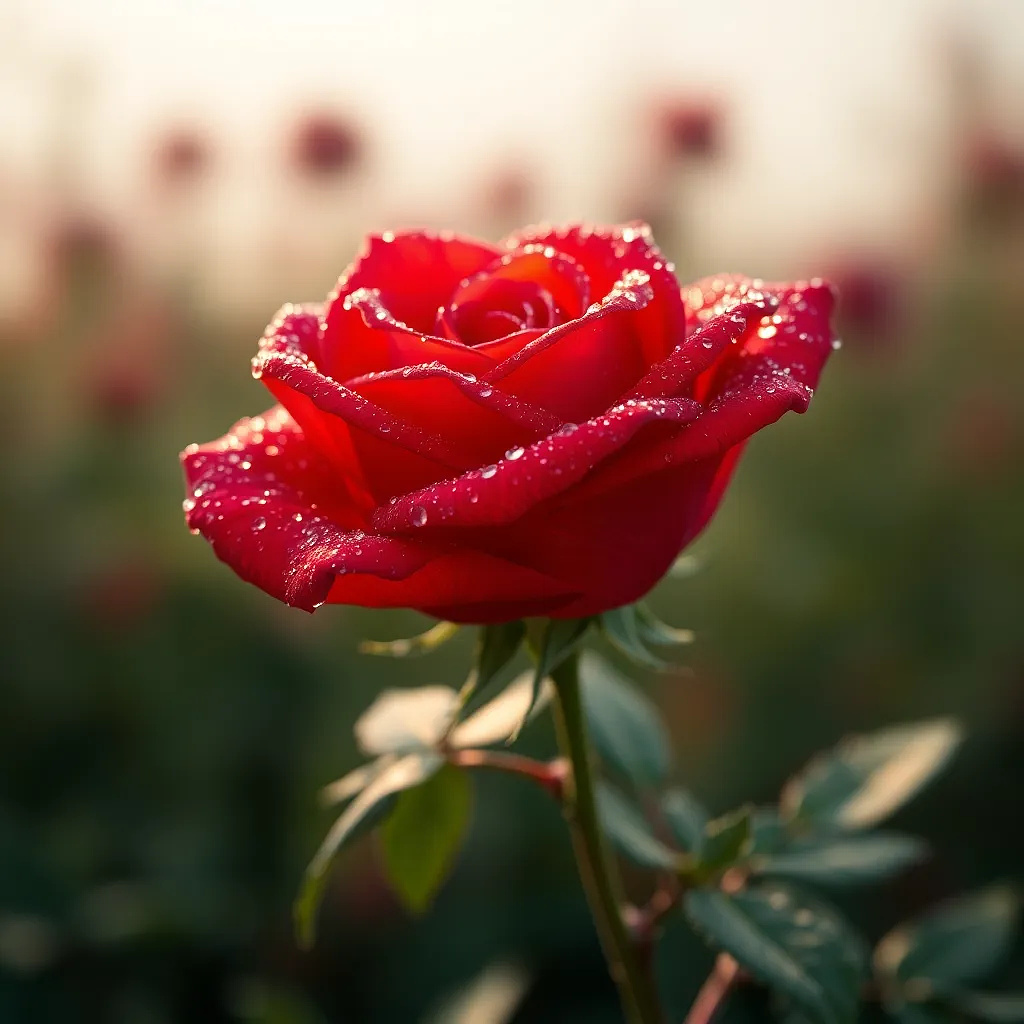 A hyper-realistic close-up of a dew-covered red rose, soft morning light, intricate petals with delicate water droplets, photorealistic style.