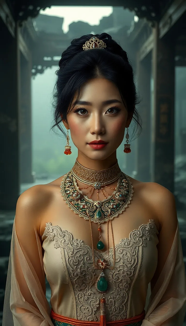 A raw professional quality photorealistic high-detail textures photo of a mature 35 year old stunning sultry Korean regal female empress with (pale hazel-green & grey eyes with slightly dripping dark smoky black mascara and shimmering jade & bronze eyeshadow). She has large voluptuous C-cup breasts and a sensuous body, standing in a dark ruined ancient Chinese palace with no roof, jade pillars and broken collapsed dark stone walls & black marble floor in a dense swamp green fog. She wears an ornate ivory silk lace choker with intricate very pale gold filigree adorned with diamonds, jade & amber with delicate chains. she wears delicate see-through frayed silk ribbon mud-stained mummy wrapping around her upper torso in a halter style with a few dark sage & muddy green ribbons interwoven. She wears a floor length very low rise skirt very pale taupe/sage green at the top becoming a dark sage & muddy green at the floor. an opulent dark sage & muddy green outer robe, richly embroidered with very pale gold filigree, flowing multilayered crushed woven chiffon silk sleeves and a layered skirt create elegant movement. A broad embroidered muddy sage green silk jeweled belt sits low on her hips; delicate fine pale gold lotus motif body chain with jeweled jade & amber tassels wraps her torso. Her long wild dark hair frames a towering crown of horned branches with small jade, pale gold & ivory flowers, with long thin withered writhing dark dead branches with tiny white flowers, a diffused halo of ultraviolet light above. She extends her hands slightly downward. Dense fog with small floating flecks of light with a luminous diffused emerald green glow, many tiny balls of emerald green glowing light. Textures: silk, brocade, metallic threads. Lighting: soft moonlit glow, cinematic, high-contrast. Mood: serene, majestic, mystical. Style: hyper-detailed high fantasy illustration, ultra-realistic textures, 8K resolution.