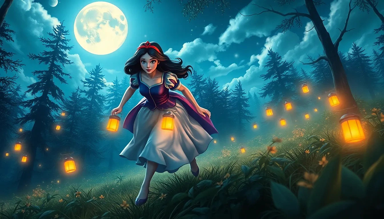 “Snow White charging through a moonlit forest with the seven dwarfs, glowing lanterns scattering frantic woodland shadows, protective courage” rays beneath, sky blazing with stars, steadfast determination”
