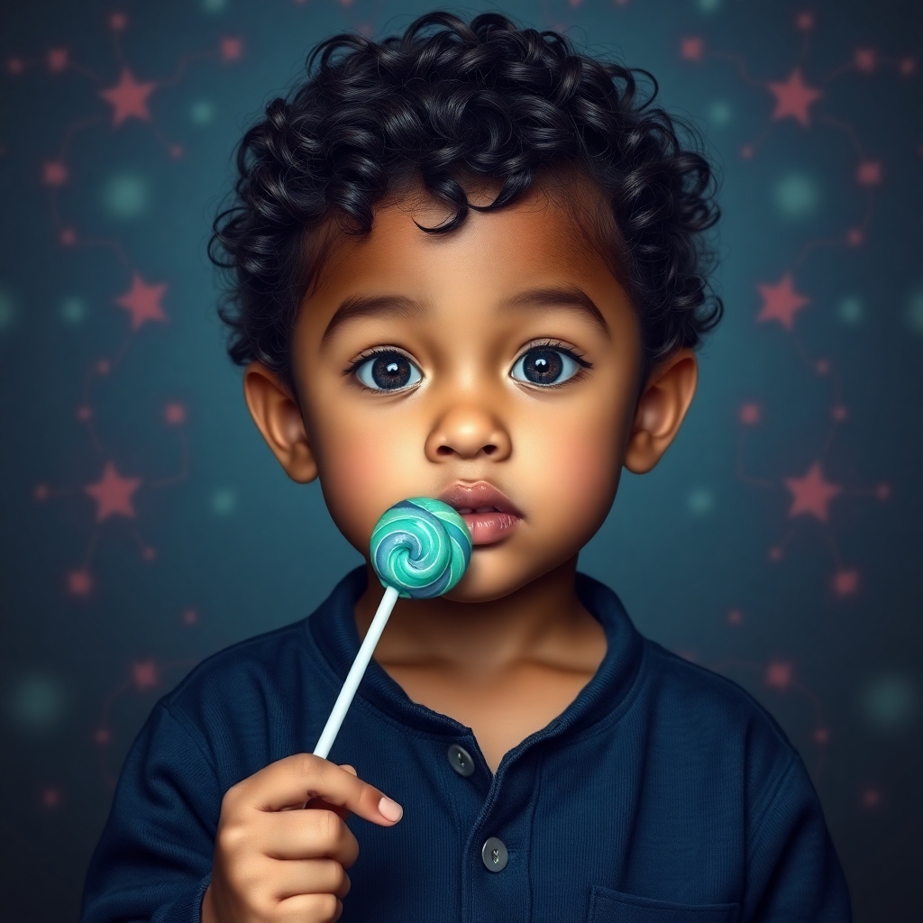 Boy with round face, 1 year old, brown skin, short curly hair, brown eyes, wearing dark blue pajamas, holds a lollipop in his hand