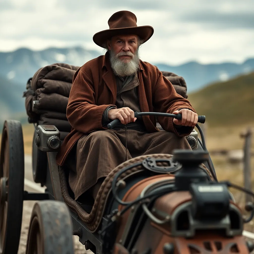 Old man riding ancient car in mountains in the year 1775