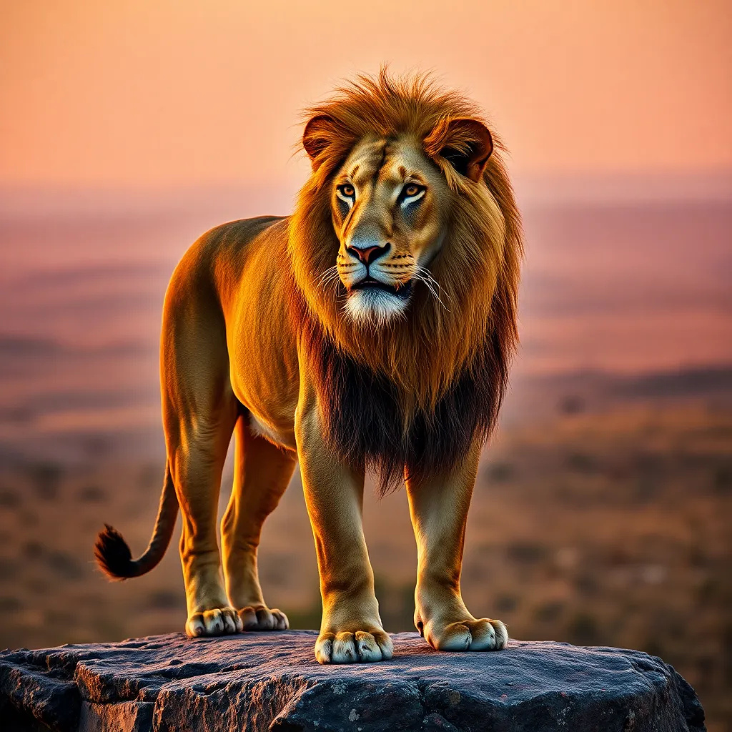 A majestic lion standing on a rocky outcrop at sunset, golden light illuminating its mane, vast savanna in the background.