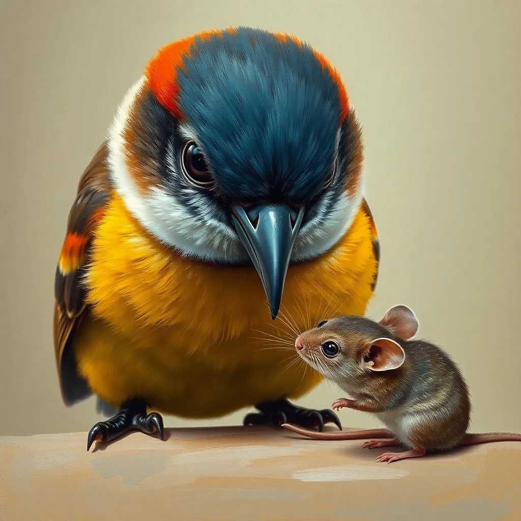 Beautiful bird playing with a mouse, oil painting