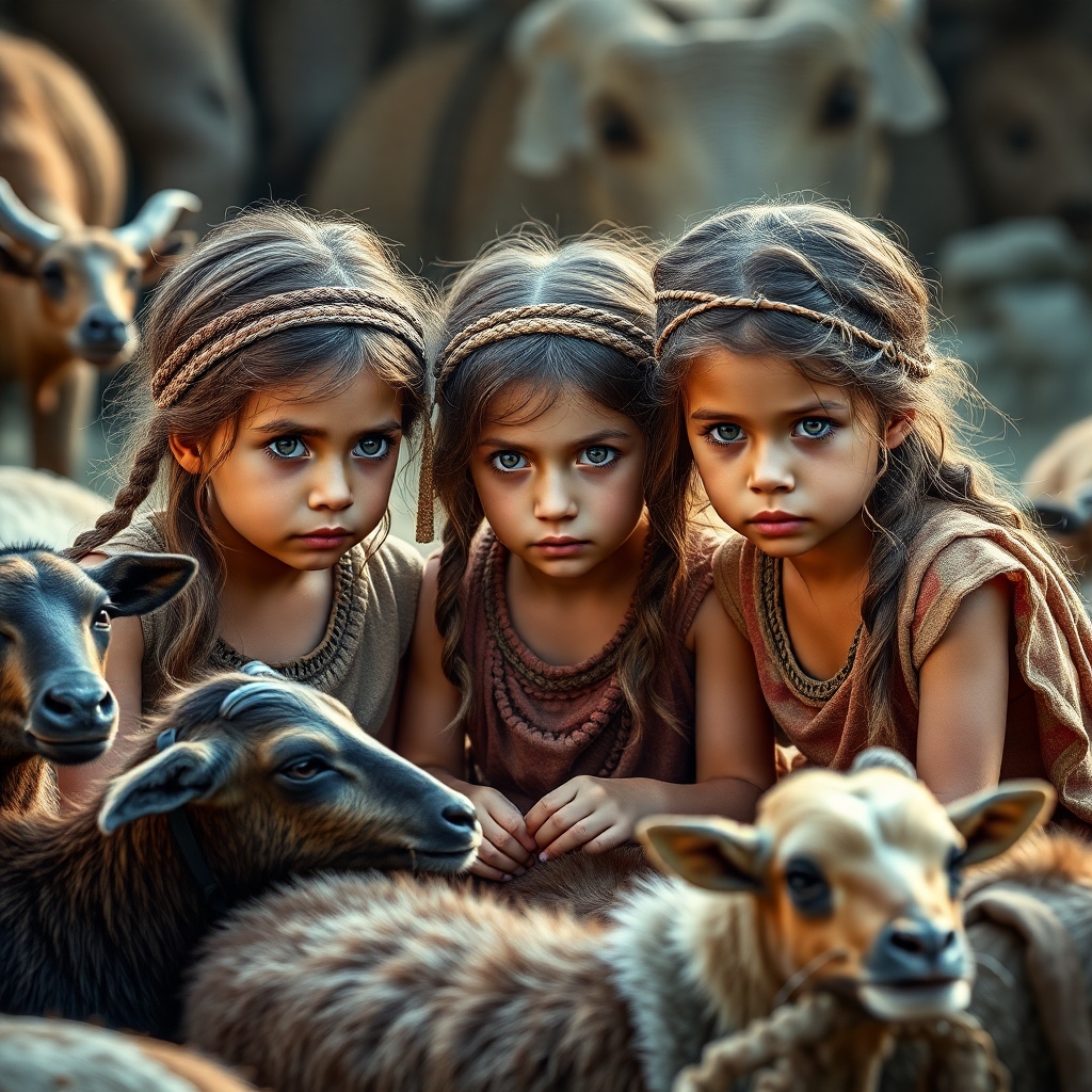 3 Little girls playing in the year 500 BC, realistic, domestic animals around the 3 girls