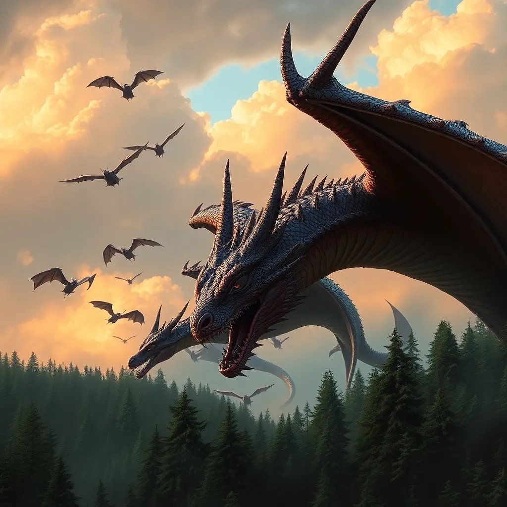 Plenty of dragons flying, the sky is covered by orange grey clouds, dense forest,  2 millions years before.