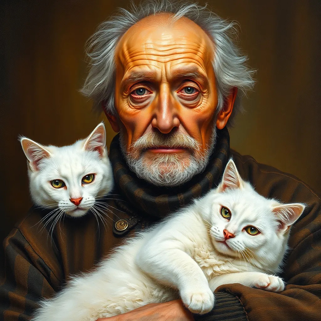 old man with his white cat, oil painting