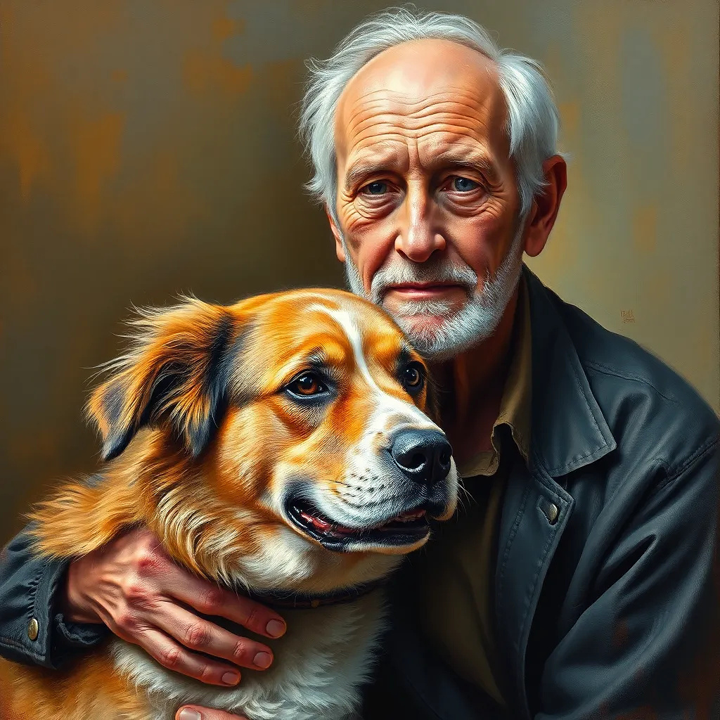 old man with his dog, oil painting