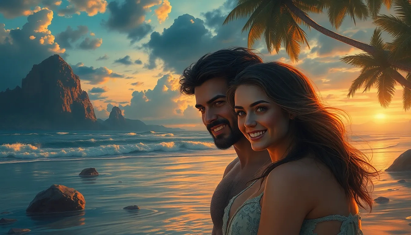 Happy couple in the beach, oil pinting