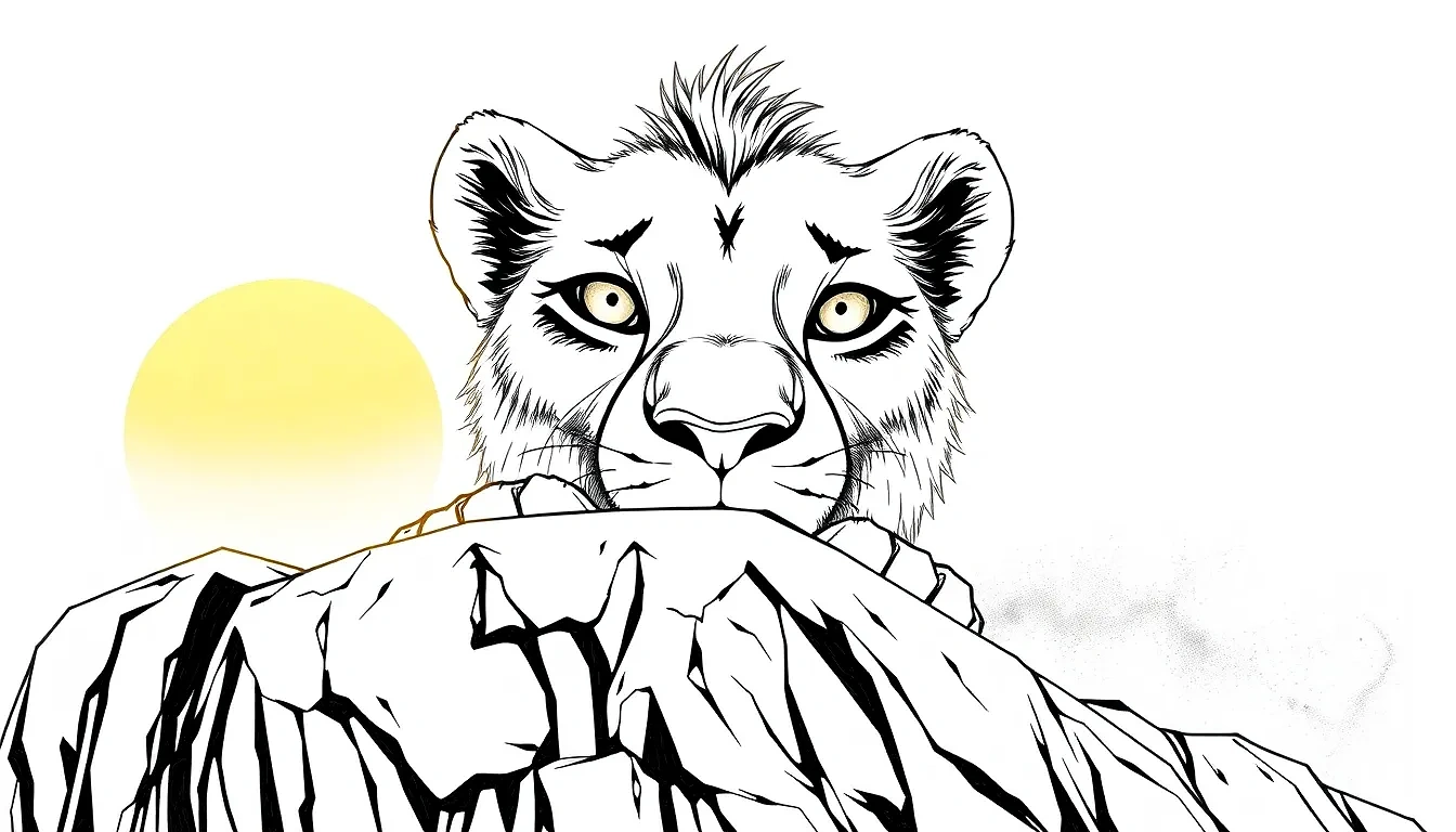 “Simba atop Pride Rock at sunrise letting out his first mighty roar, dust swirling from the savanna, golden light rays, proud determination”