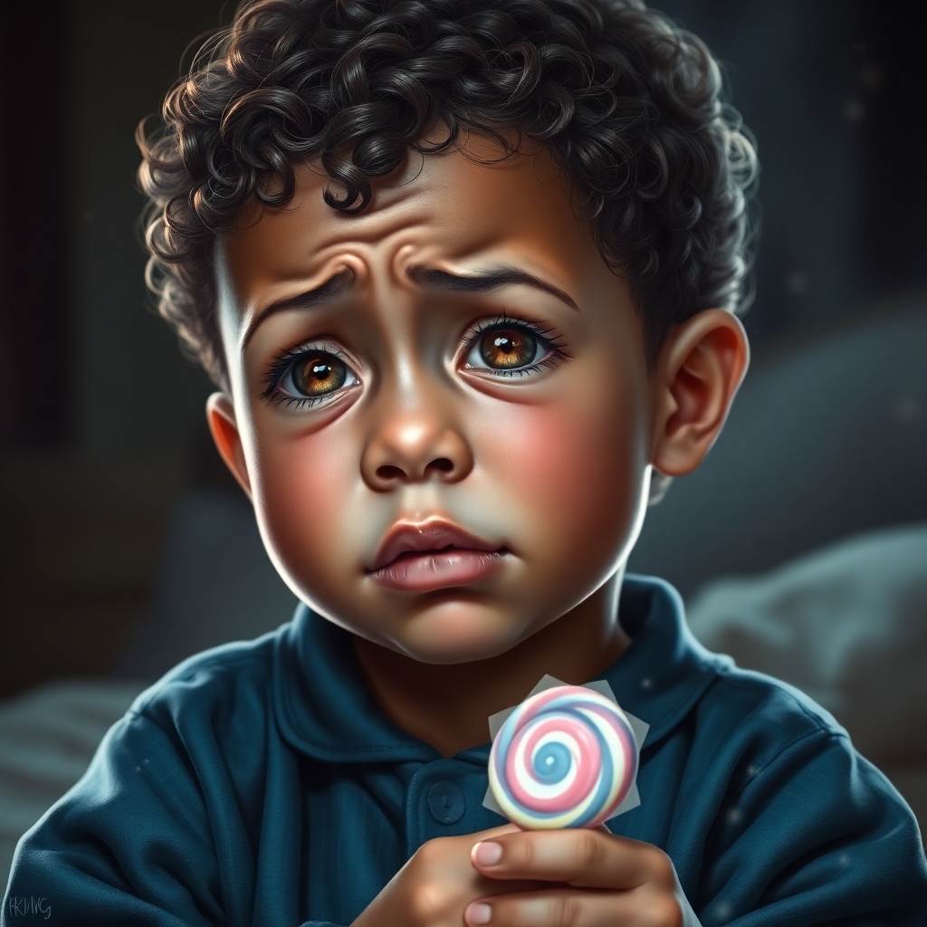 boy with round face is crying, 1 year old, brown skin, short curly hair, brown eyes, wearing dark blue pajamas, holds a lollipop in his hand
