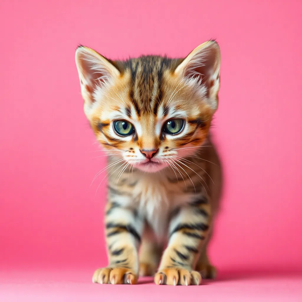 A small kitten, likely a few weeks old, is the central focus of the image.  The kitten is a light brown tabby, with darker brown stripes.  Its eyes are large and a light greenish-gray color, and appear intense or slightly angry, giving it a serious or curious expression. The kitten has a short, fluffy coat.  The kitten is positioned in the center-left of the image, facing directly at the viewer. The pose is alert and inquisitive. The background is a soft gradient of pinkish-red and purplish-pink, with no specific details. The lighting is direct and bright, highlighting the kitten's features and fur. The overall style is a close-up, detailed portrait, with a clear focus on the kitten's facial features and expression.  The perspective is slightly above the kitten.  The image's mood is straightforward, intimate, and attention-grabbing.