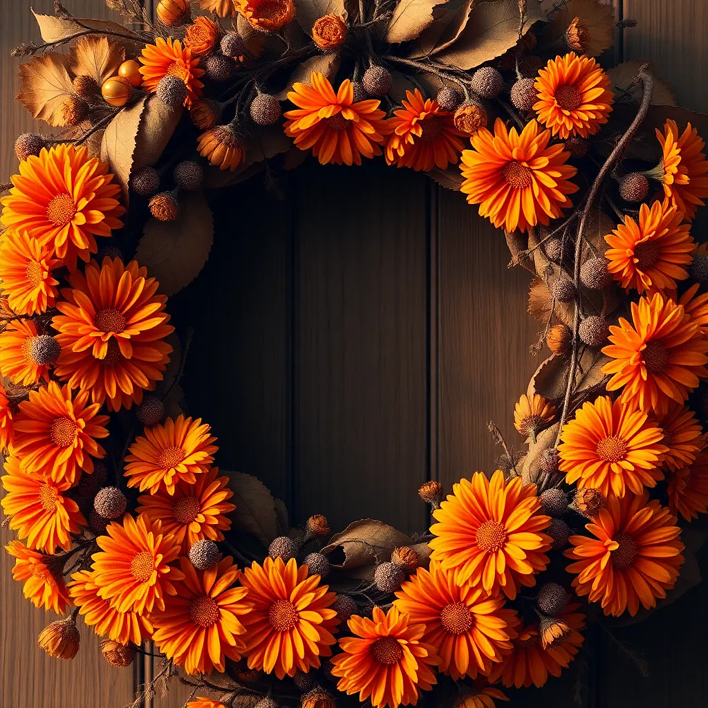 A cozy autumn wreath with orange marigolds, dried leaves, and berries, warm golden lighting.