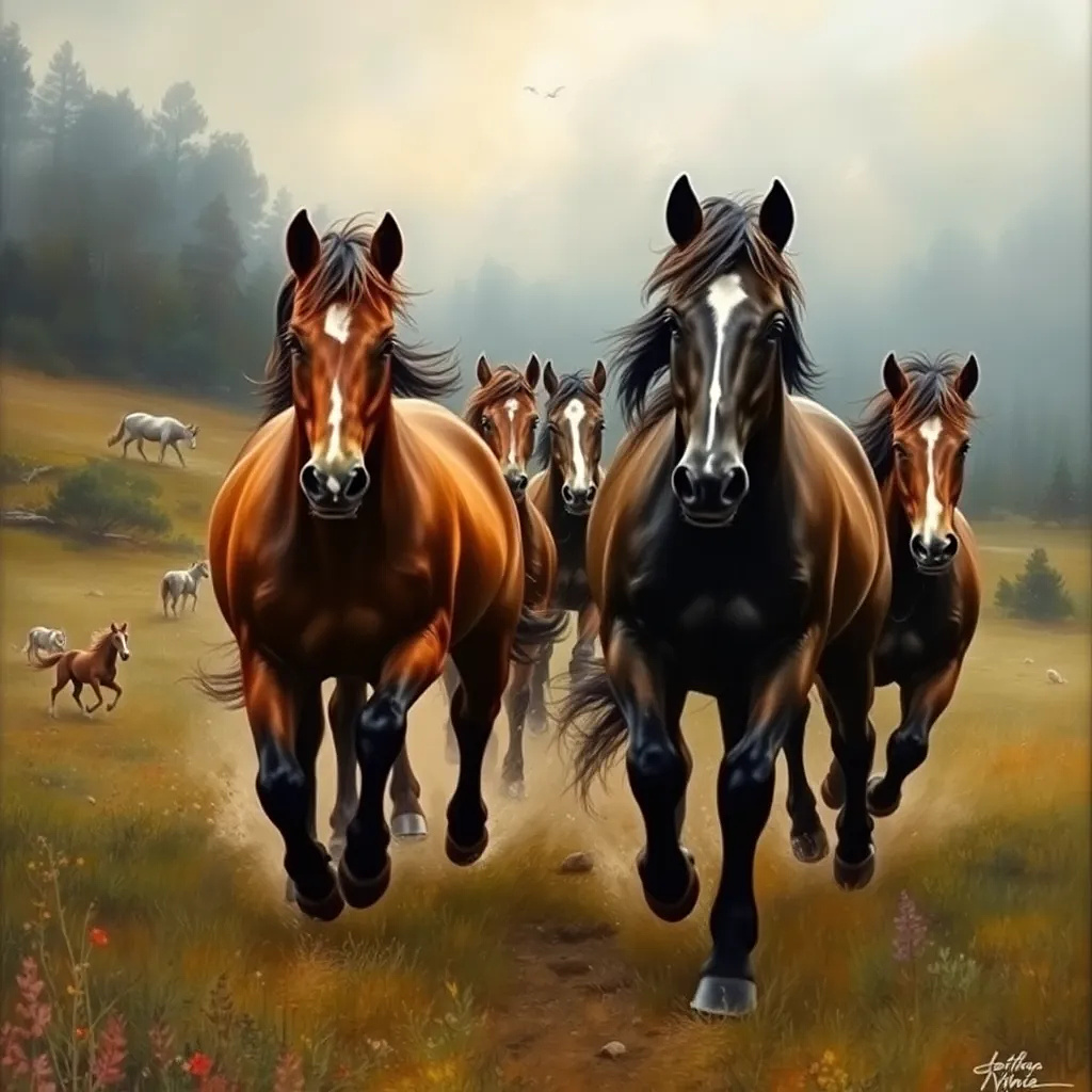 horses running in nature, oil painting