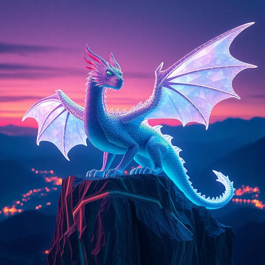 “Crystal dragon perched on a neon cliff at twilight” – ultra-detailed ZBrush sculpt, subsurface scattering, ray-traced reflections, studio render, 4 K