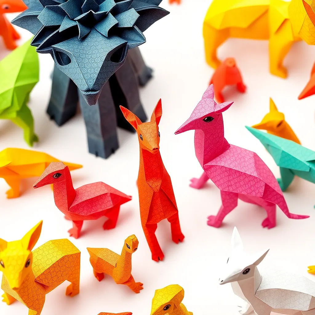 A colorful zoo made entirely from folded paper animals, crisp edges, high-contrast shadows, textured origami paper, minimalistic white background.