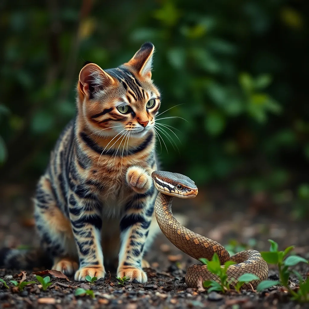 Beautiful cat playing with a snake