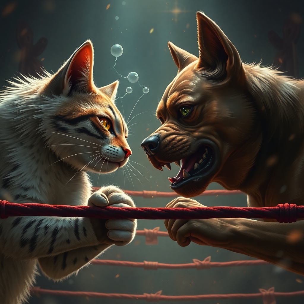 a cat and adog are fighting hard in box ring.