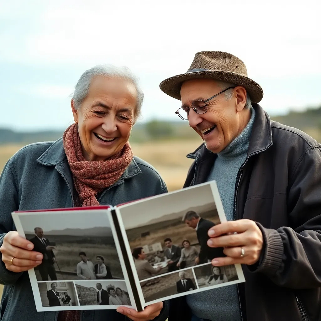 Happy old couple laughing and watching their photo album