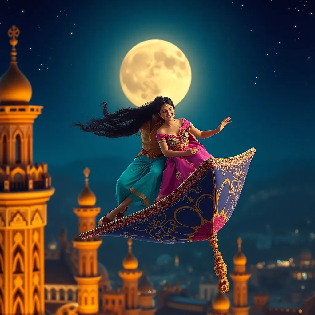 Aerial shot of Aladdin and Jasmine on the magic carpet diving between Agrabah’s moonlit minarets, hair whipping in the wind, sparkling night sky, exhilarated laughter