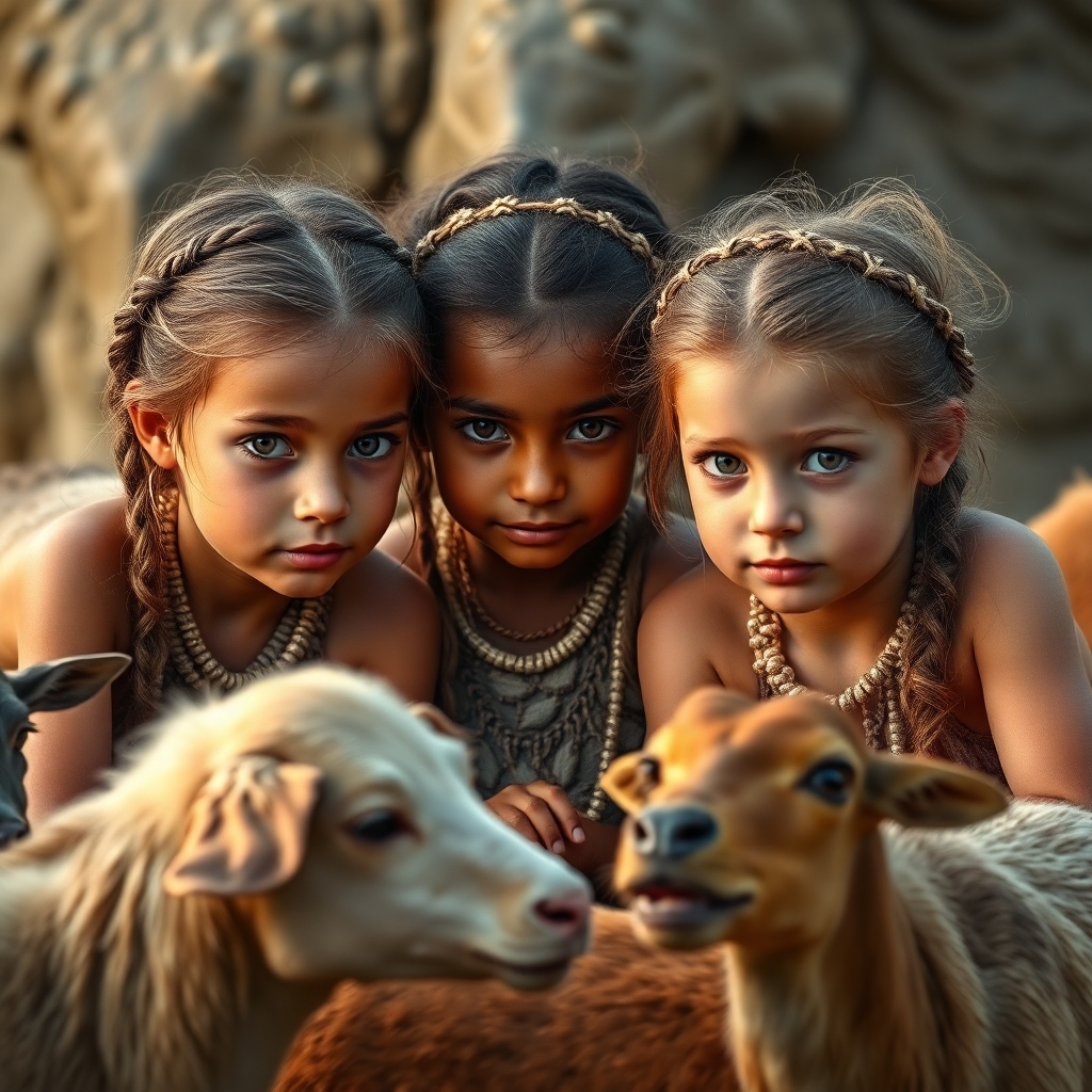 3 Little girls playing in the year 500 BC, realistic, domestic animals around the 3 girls