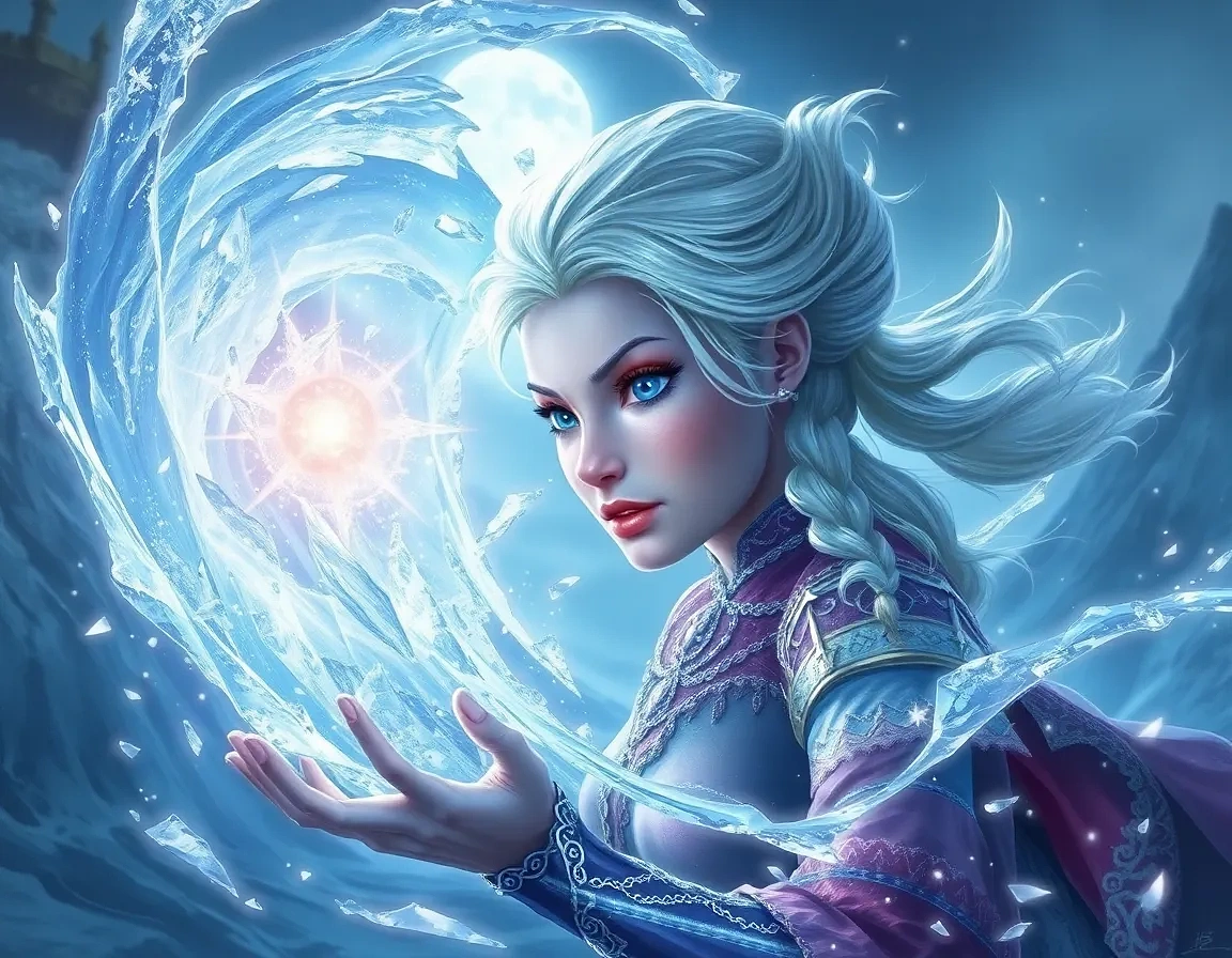 “Elsa summoning an ice cyclone on a frozen fjord, swirling shards catching moonlight, wind-tossed braid, expression of focused empowerment”