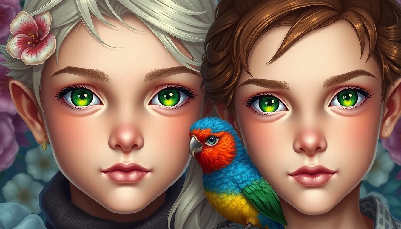 2 very beautiful 8 years old? BOY AND  girl,  with green eyes,  a colorful bird on THEIR heads, background: flowers
