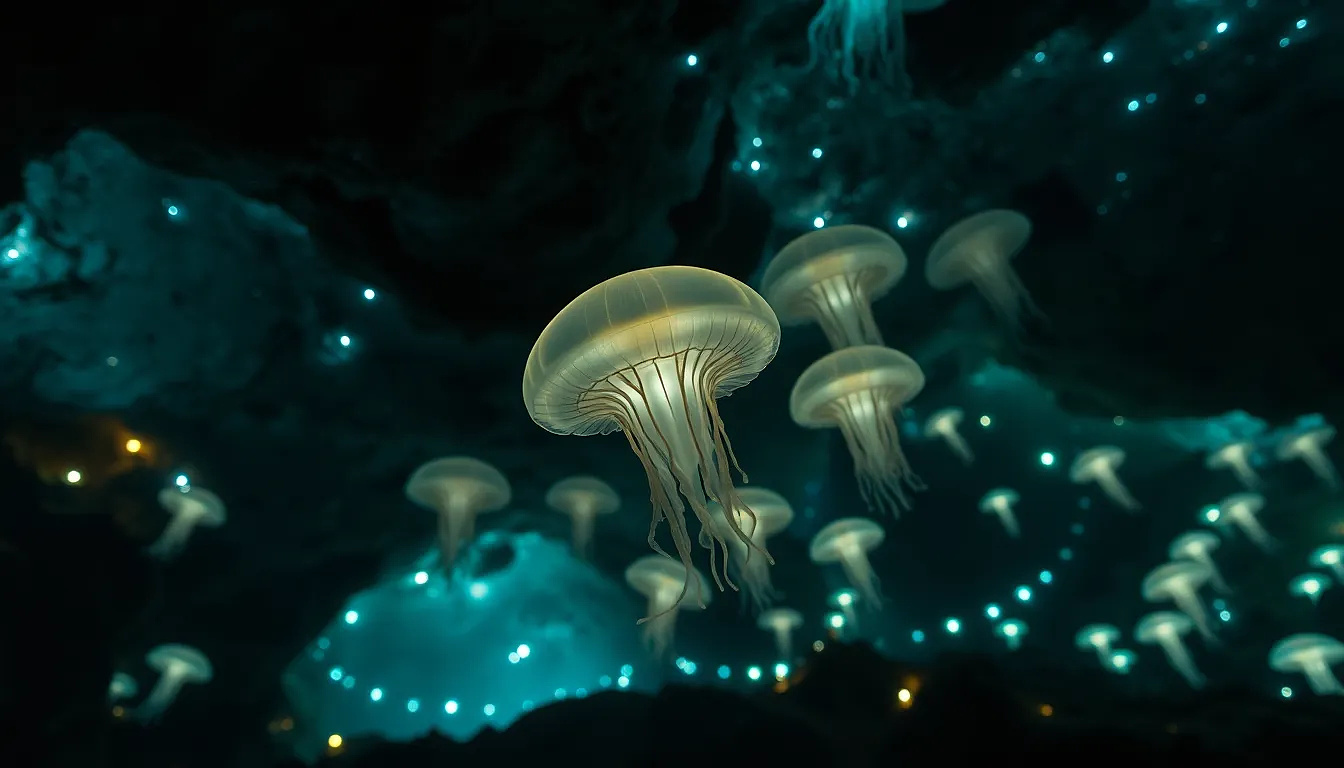 An underground cave system illuminated by bioluminescent fungi, where translucent jellyfish-like creatures drift through the air.