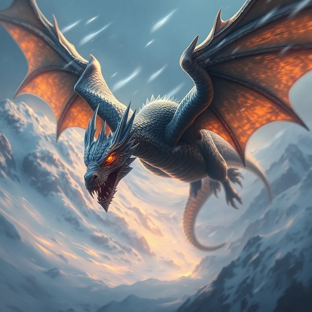 A majestic dragon flying over snow-covered mountains, glowing eyes, detailed scales, swirling snow in the wind, epic fantasy digital painting
